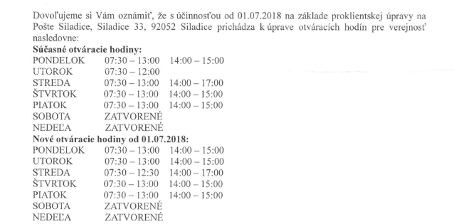  O ZMENE OTVÁRACÍCH HODÍN NA POŠTE