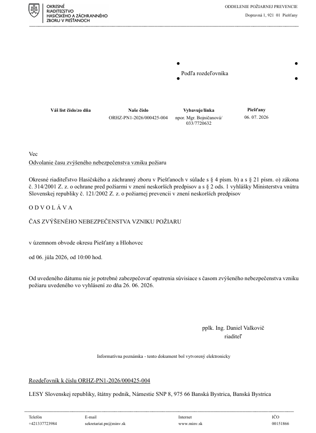 Odvolanie času zvýšeného nebezpečenstva vznku požiaru