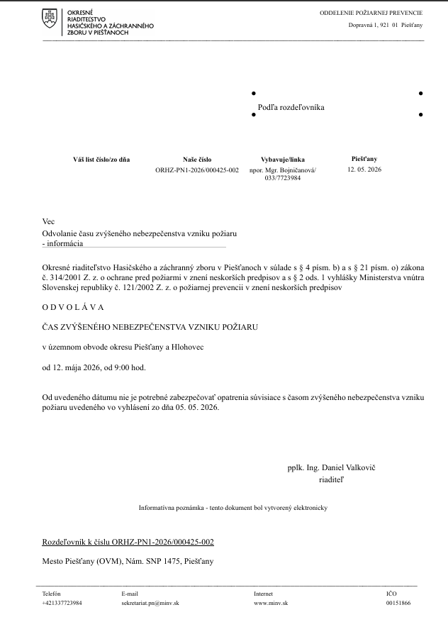 Odvolanie času zvýšeného nebezpečenstva vznku požiaru