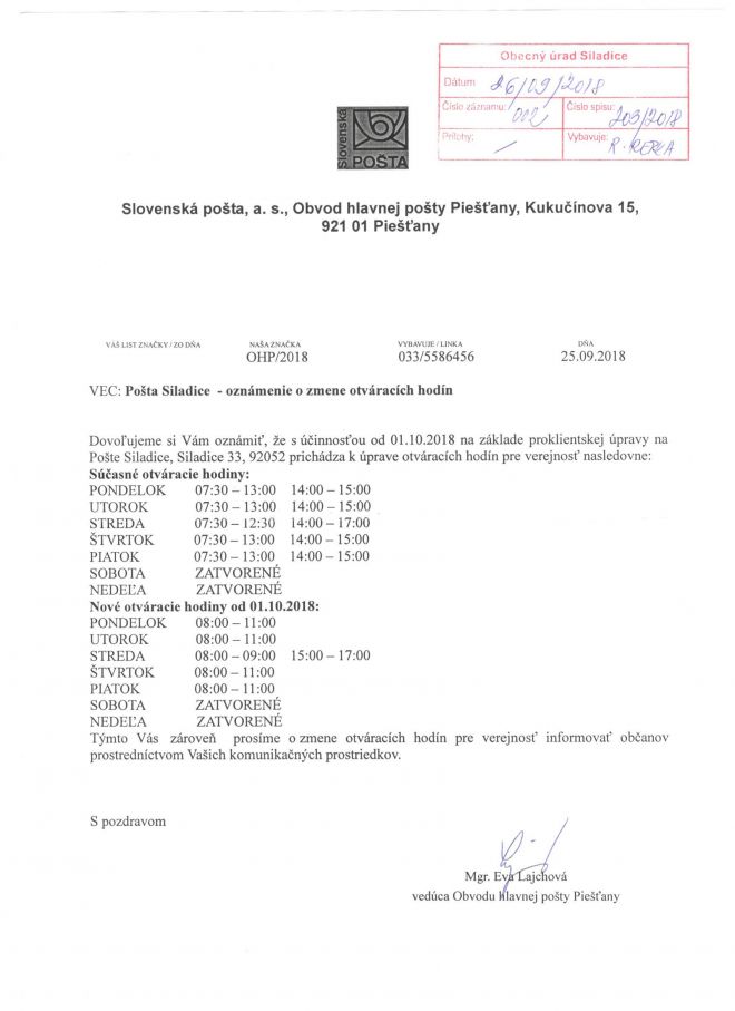 Oznámenie o&nbsp;zmene otváracích hodín na&nbsp;Pošte v&nbsp;Siladiciach