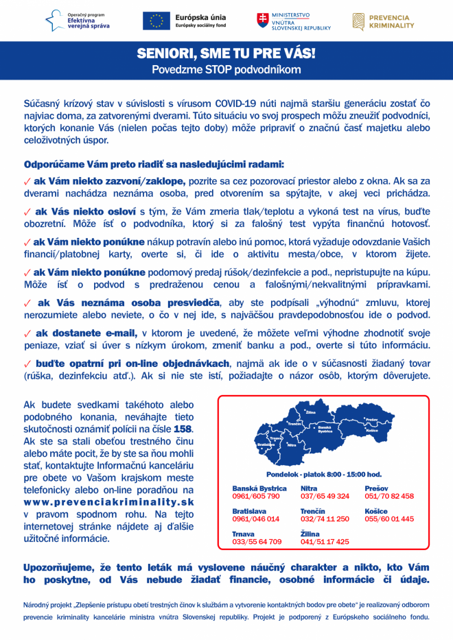 UPOZORNENIE PRE SENIOROV