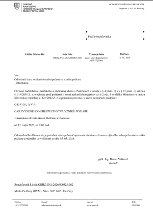 Odvolanie času zvýšeného nebezpečenstva vznku požiaru
